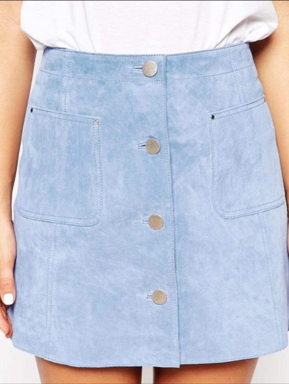 Vintage 90s Blue Button-Front Mini Skirt 16 Suede Retro Plus Size